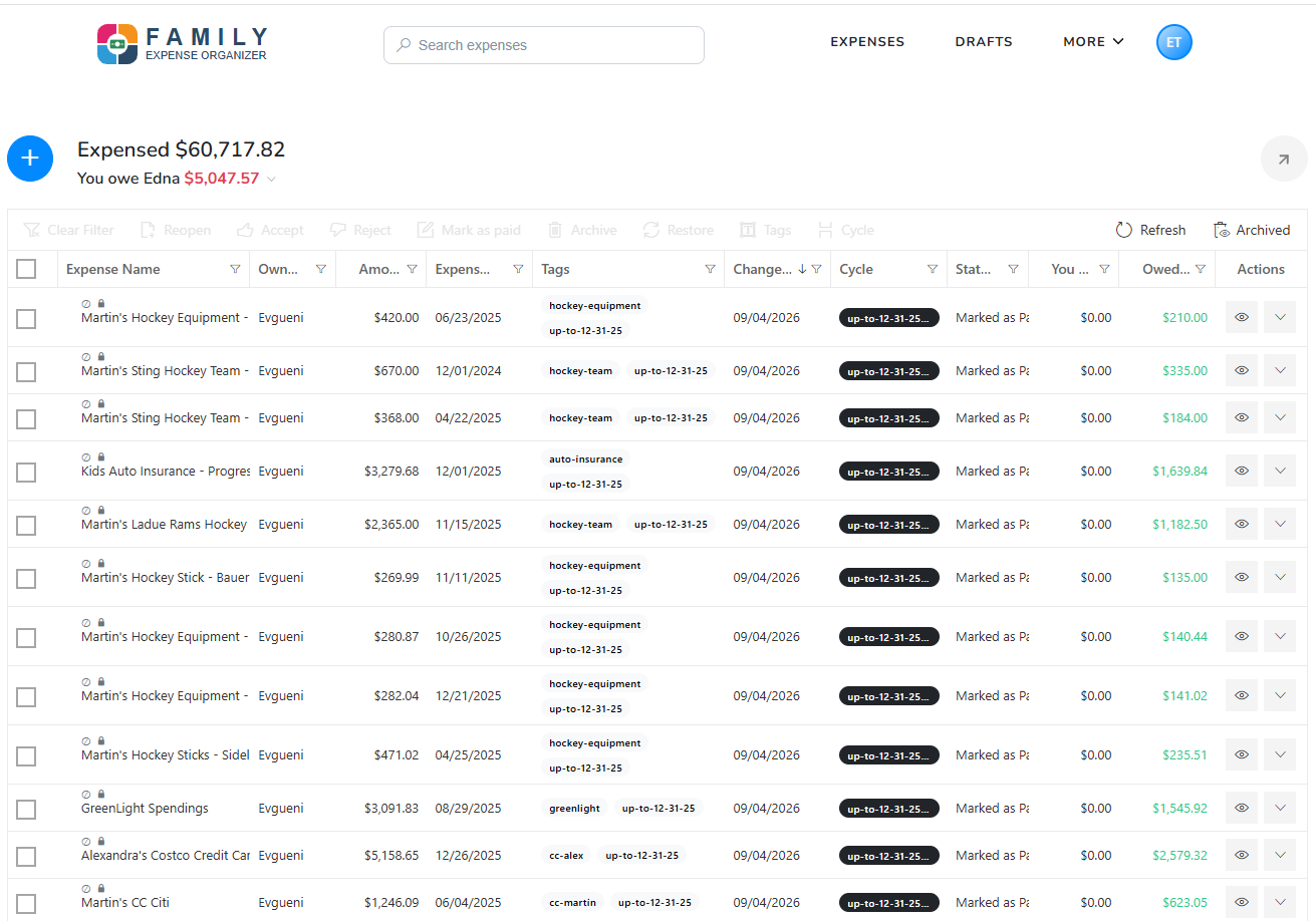 Family Expense Organizer web application: expense ledger with tags, cycle, status and amounts owed